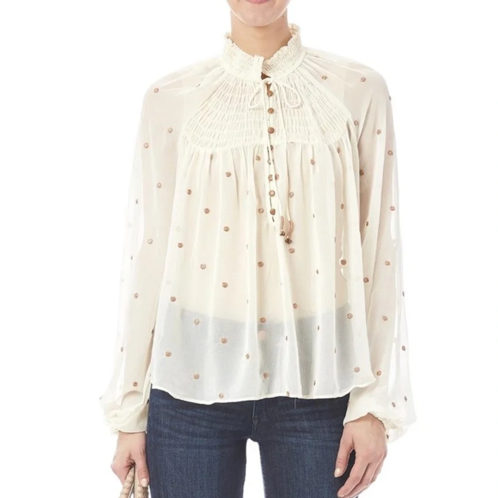 Free people Ready To Run Smoked Blouse Semi Sheer Studded - Picture 2 of 4
